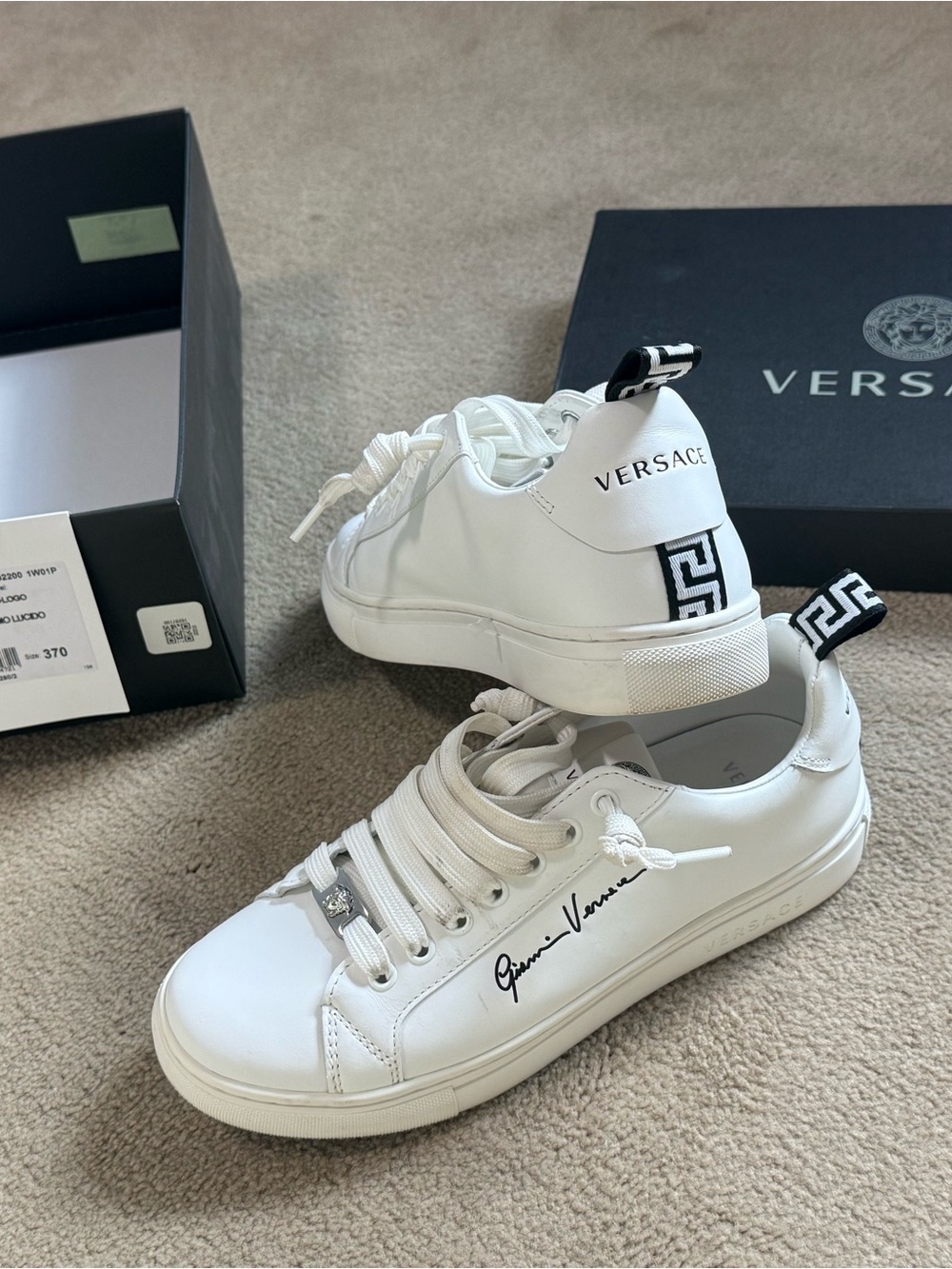 Versace White Leather Low-Top Sneakers with Black Heel Logo